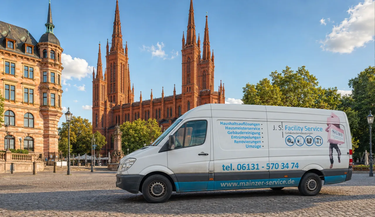 Servicefahrzeug von J. S. Facility Service vor der Marktkirche in Wiesbaden