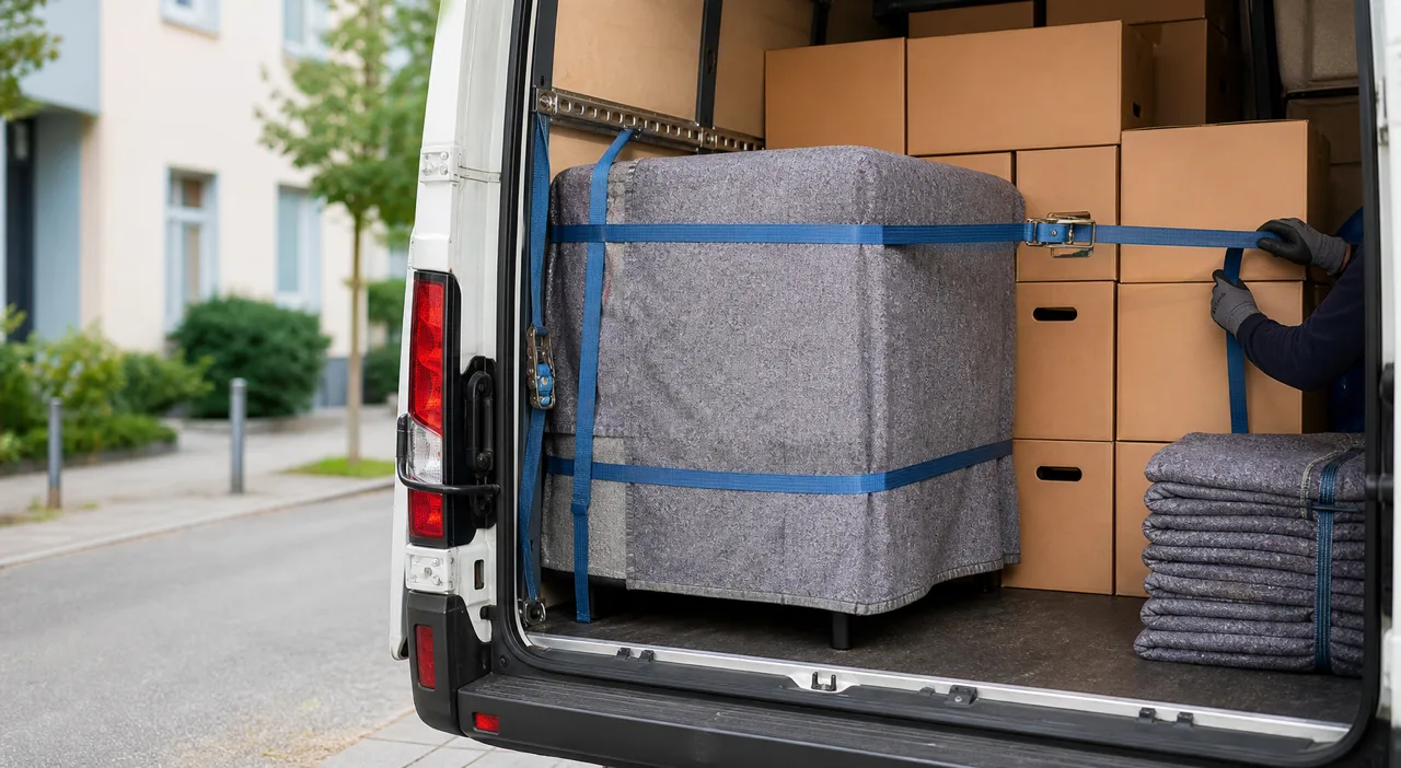 Gesicherte Möbel und Kartons im Transportfahrzeug